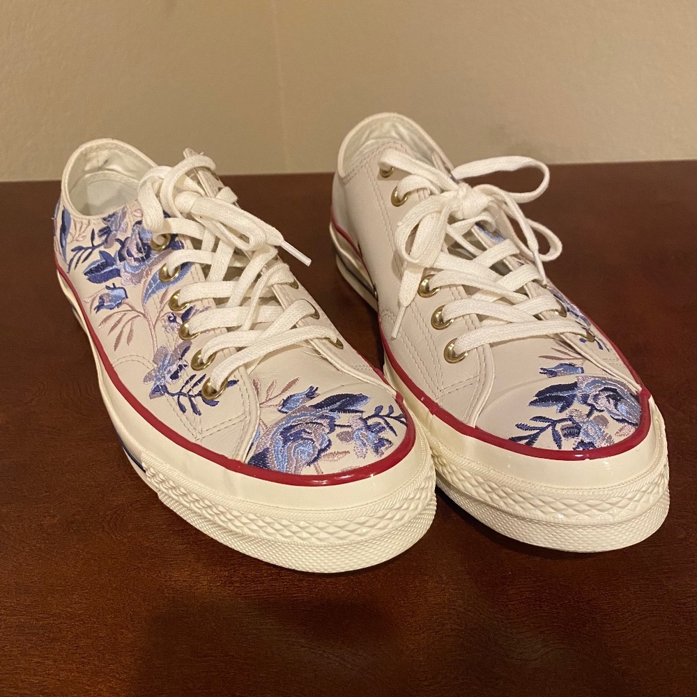 Converse White Sneakers with Blue Floral Embroidery and Red Trim